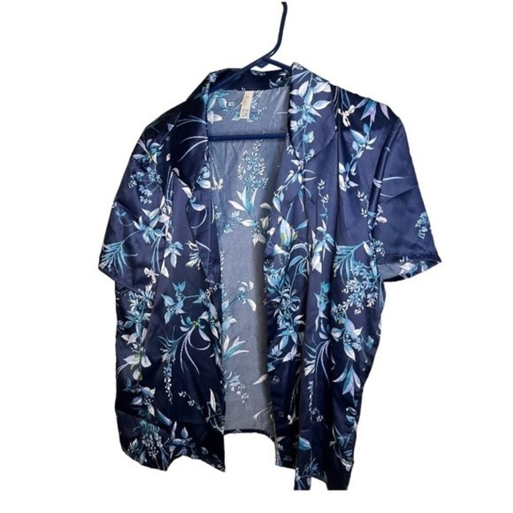 Flora Nikrooz Pajama Top Women’s XL Blue Floral Button Up Short Sleeve FLAW B3